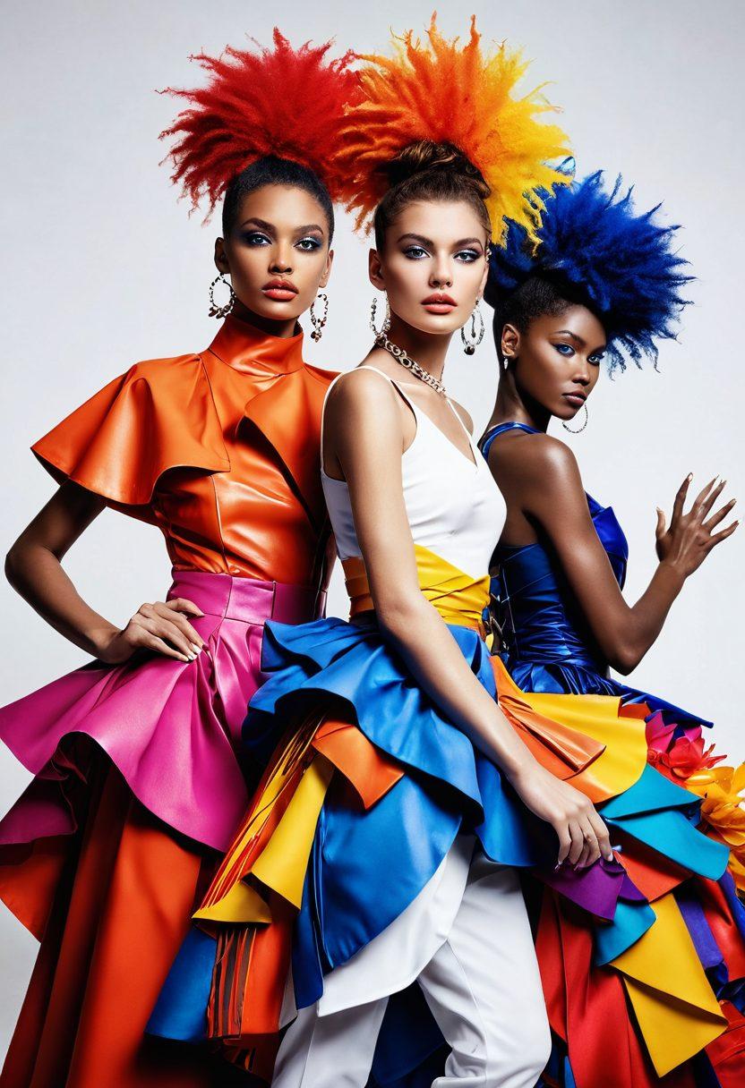 A stunning fashion photographer capturing a vibrant scene of models adorned in avant-garde outfits, surrounded by vibrant splashes of color and artistic elements that reflect beauty and trends. The setting should be a blend of urban and nature, symbolizing the intersection of passion and art. Include dynamic poses and expressions that convey emotion and creativity. super-realistic. vibrant colors. white background.