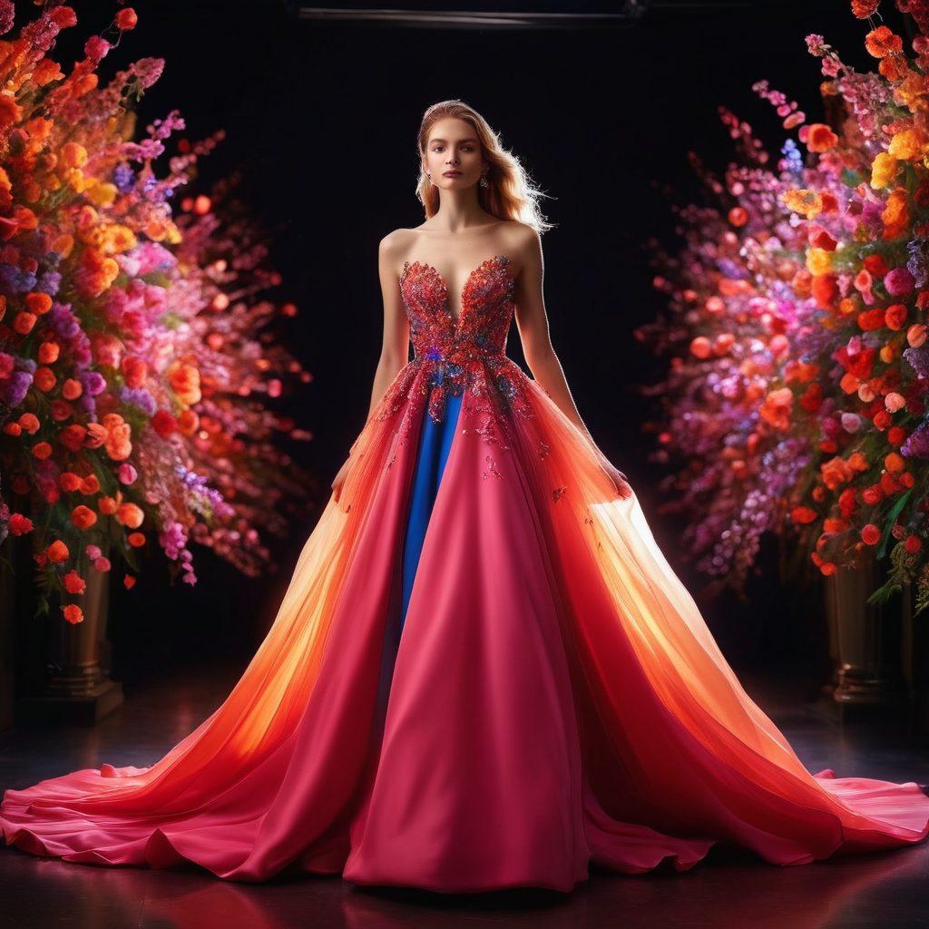 A captivating portrait of a fashion model passionately posing on a runway, adorned in a stunning gown that flows dramatically. The background features an elegant blend of colorful lights that emphasize the model's grace and confidence. In the foreground, delicate elements like blooming flowers and abstract shapes symbolize affection and beauty. The composition should evoke emotion and dynamism, resonating with the theme of love in fashion. super-realistic. vibrant colors. dramatic lighting.