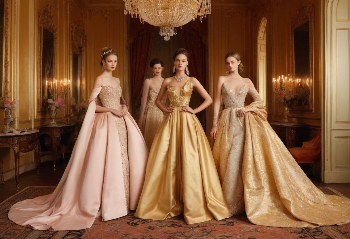 A high-fashion scene featuring three diverse models posing gracefully in an opulent setting, adorned in elegant gowns and bold accessories. Soft lighting casts a glamorous glow, highlighting intricate details of their outfits and the luxurious decor around them. A vintage camera captures the moment, symbolizing the art of photography in fashion. The background showcases an artistic blend of gold and pastel colors to evoke a sense of sophistication and allure. super-realistic. vibrant colors. opulent background.